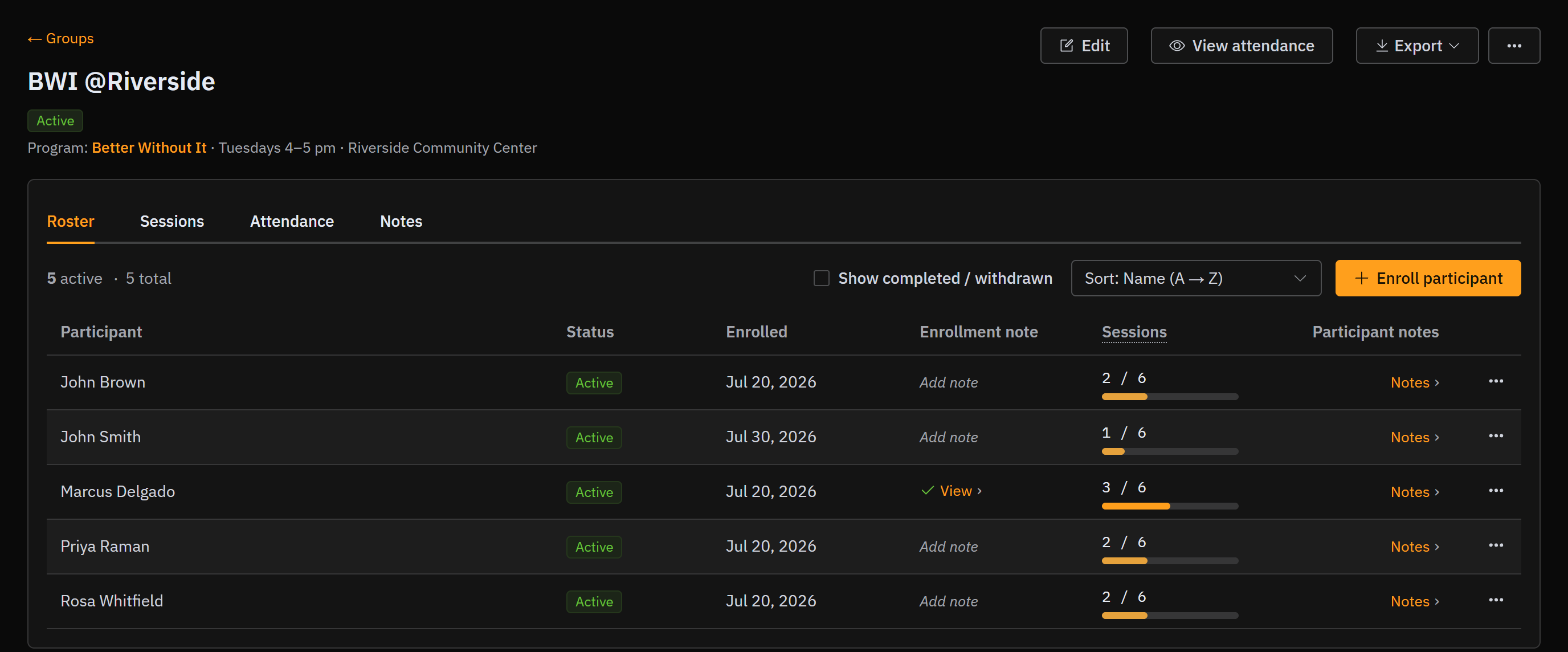 The Roster tab with the Enrollment note column, showing View on one row and Add note on another