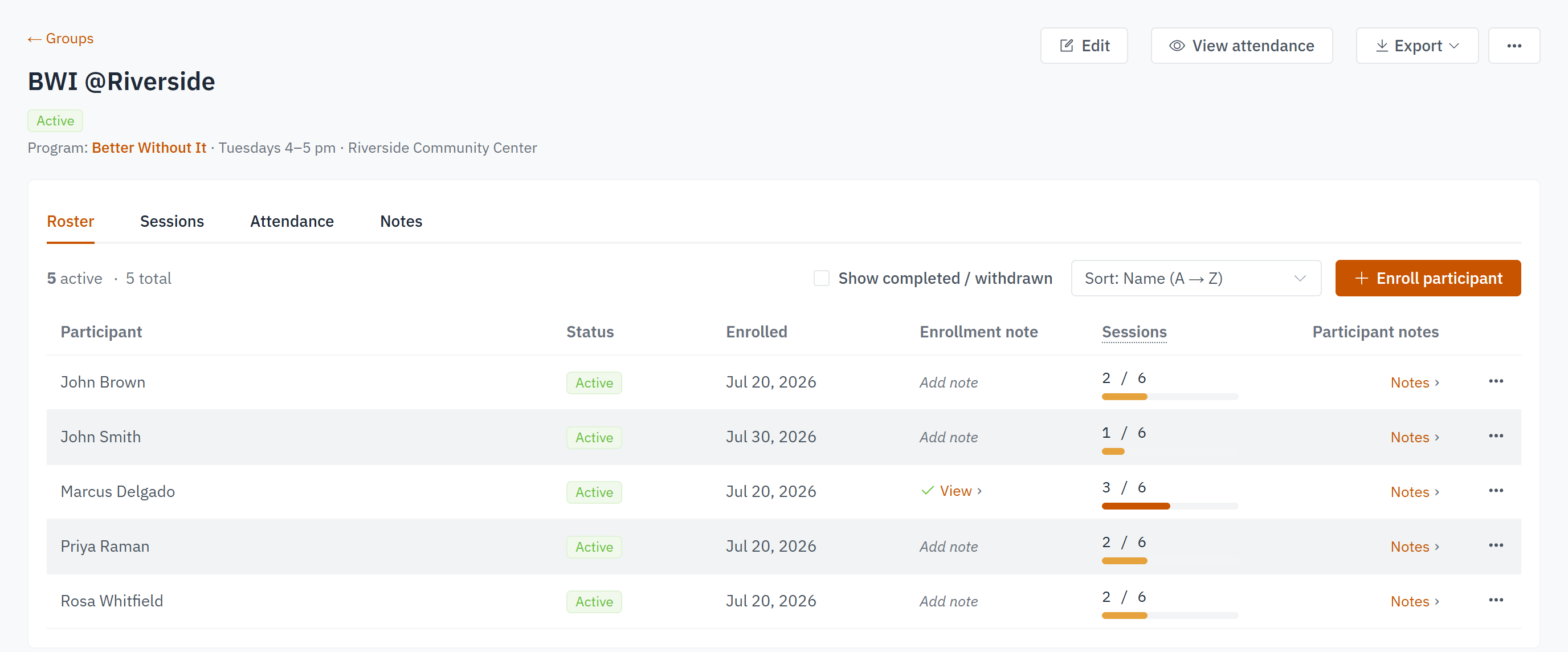 The Roster tab with the Enrollment note column, showing View on one row and Add note on another