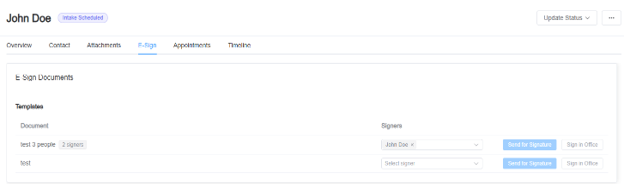 The E-Sign tab listing documents with the Send for Signature button