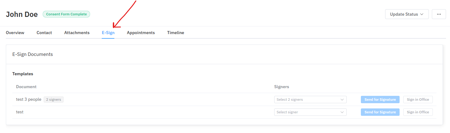 The E-Sign tab with the Sign in Office option
