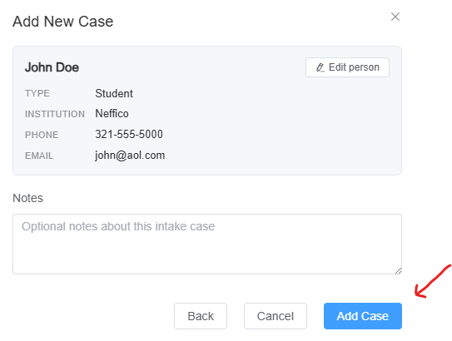 Insert all student information and confirm the case with the Add New Case button
