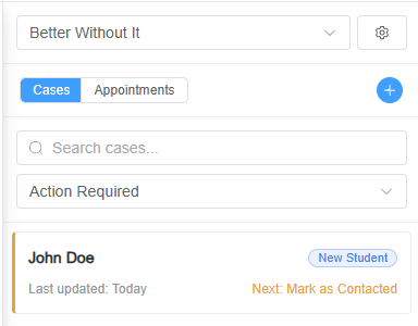 The left helper panel with the action required filter on and showing a case that needs your attention