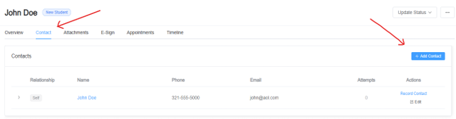 The Contact tab with the Add Contact and Record Contact options