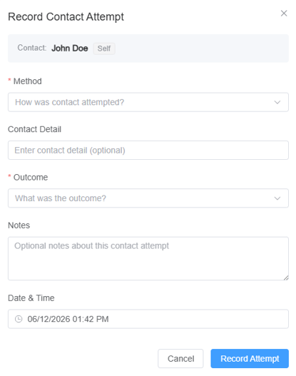 The Record Contact Attempt window with method, outcome, and notes