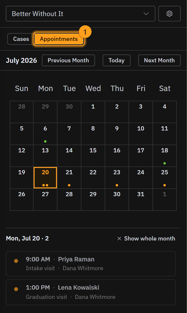 The Appointments view on the case board (1): a month calendar with a dot for each booked visit, and today's visits listed underneath