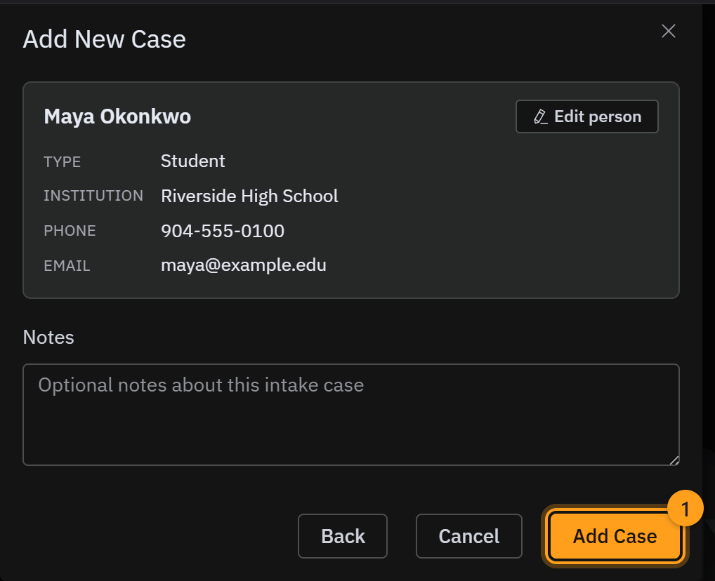 The Add New Case window showing the student's details, with the Add Case button that adds the case to the board (1)