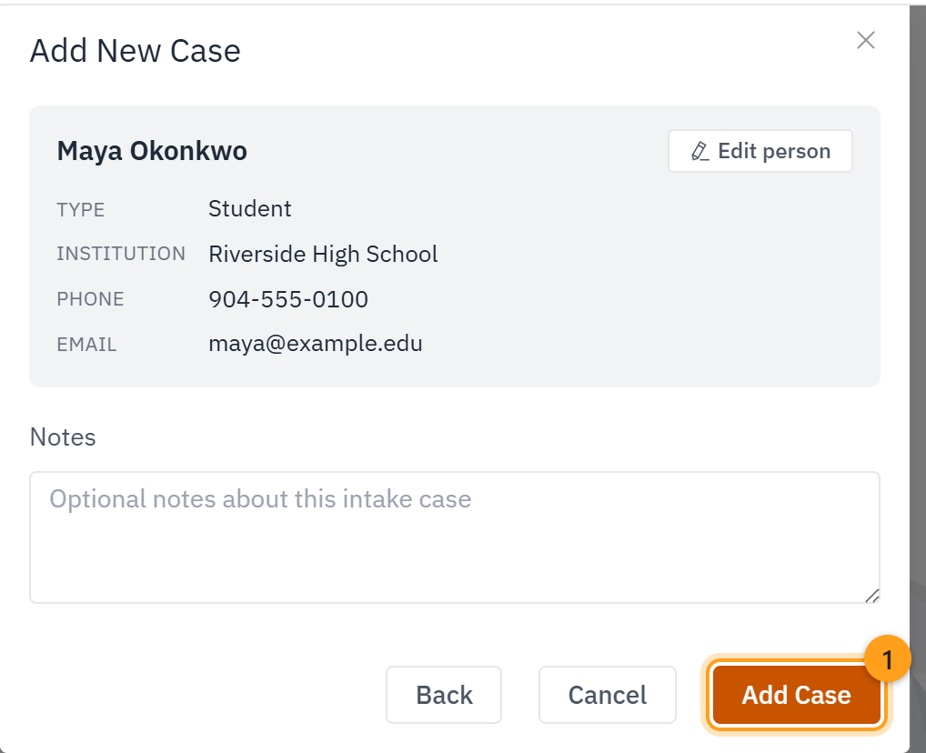 The Add New Case window showing the student's details, with the Add Case button that adds the case to the board (1)