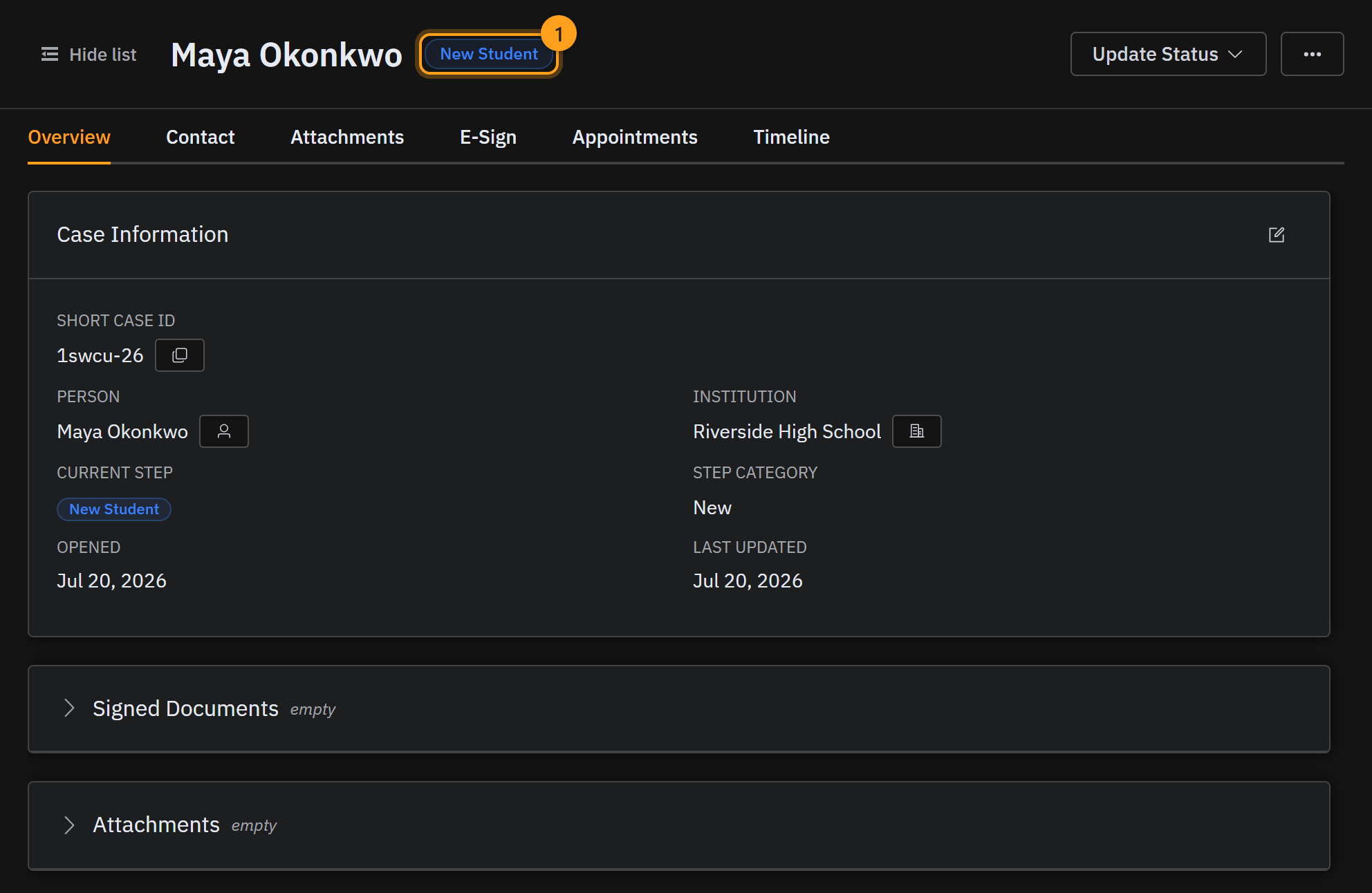 The new case opens on its Overview tab, carrying a New Student badge (1)