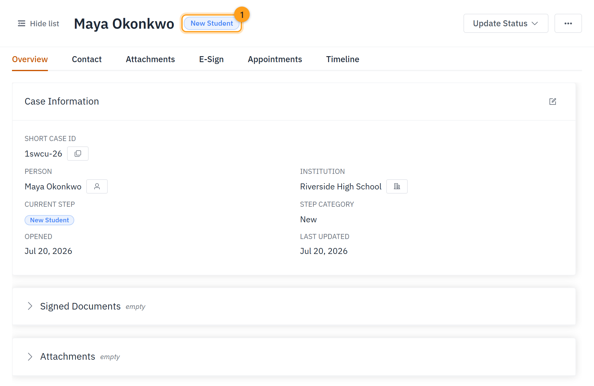 The new case opens on its Overview tab, carrying a New Student badge (1)