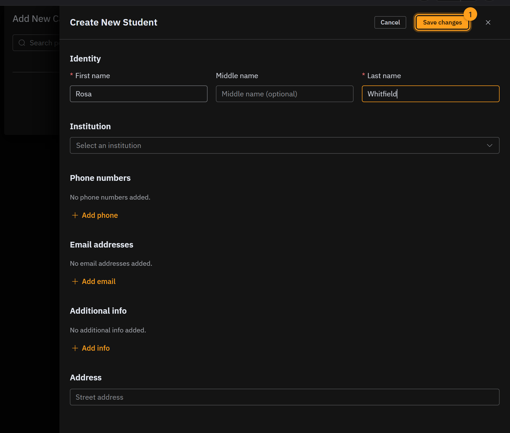 Fill in the student's information, then confirm with Save changes (1)