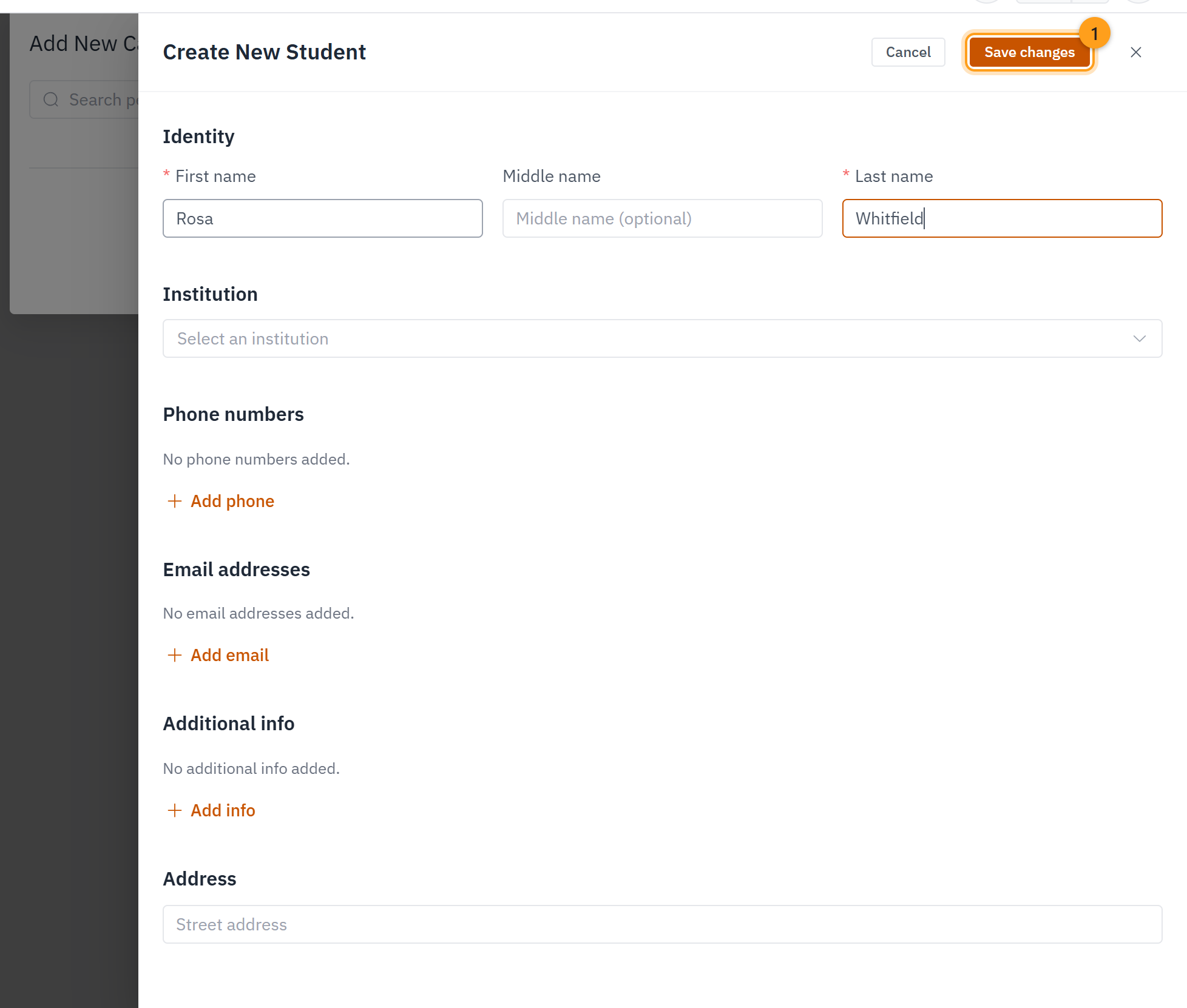Fill in the student's information, then confirm with Save changes (1)