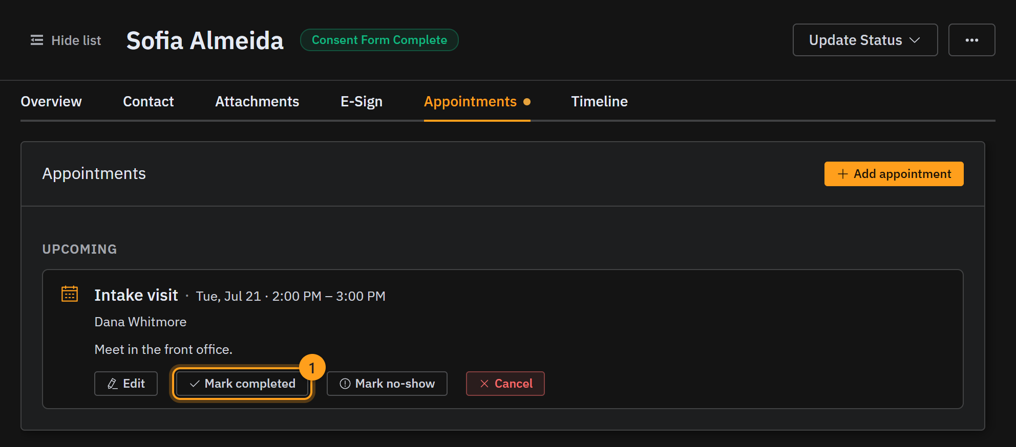 The Appointments tab, with Mark completed on the upcoming visit (1)