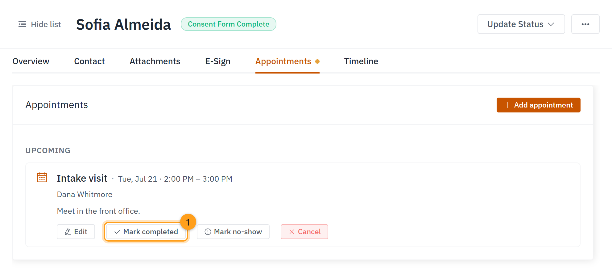 The Appointments tab, with Mark completed on the upcoming visit (1)