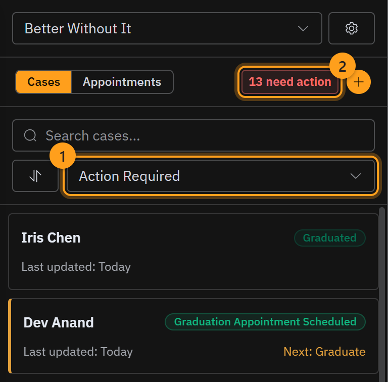 The helper panel with the Action Required filter (1) and the count of cases waiting on you (2)