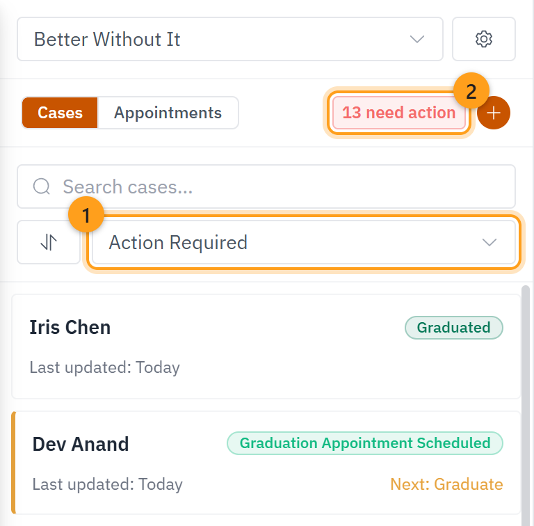 The helper panel with the Action Required filter (1) and the count of cases waiting on you (2)