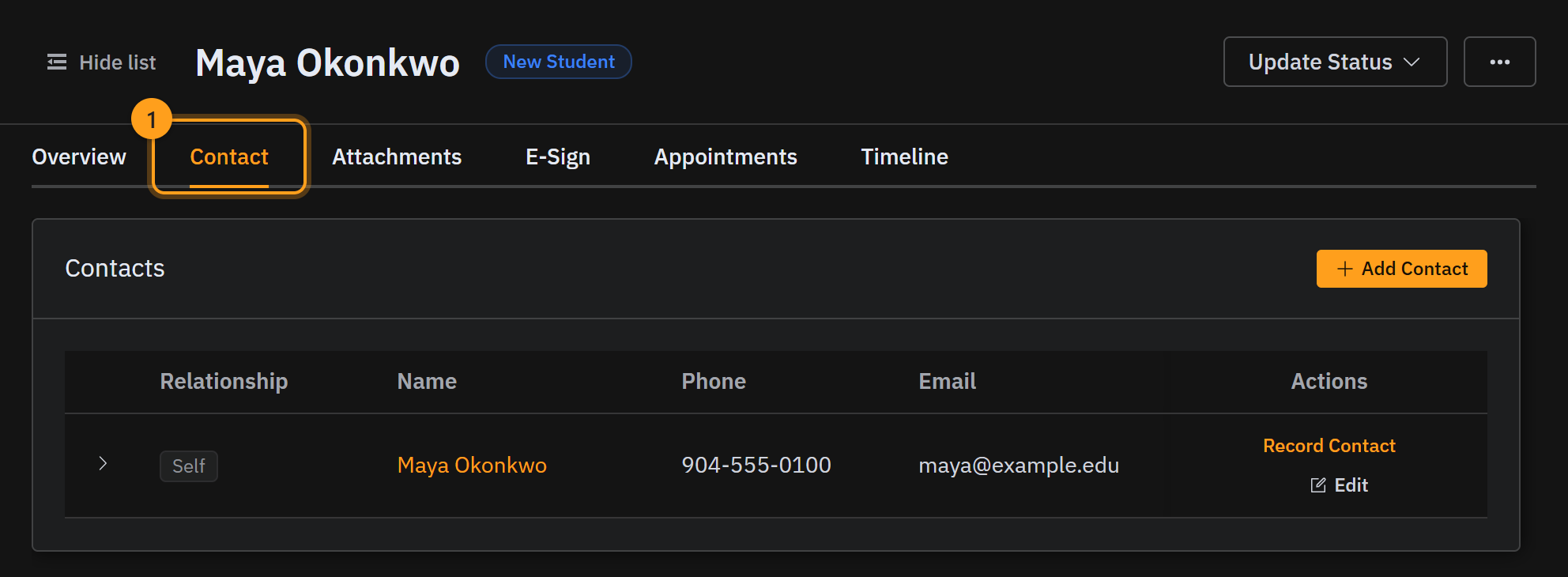 The Contact tab (1), listing everyone you can reach out to about this case