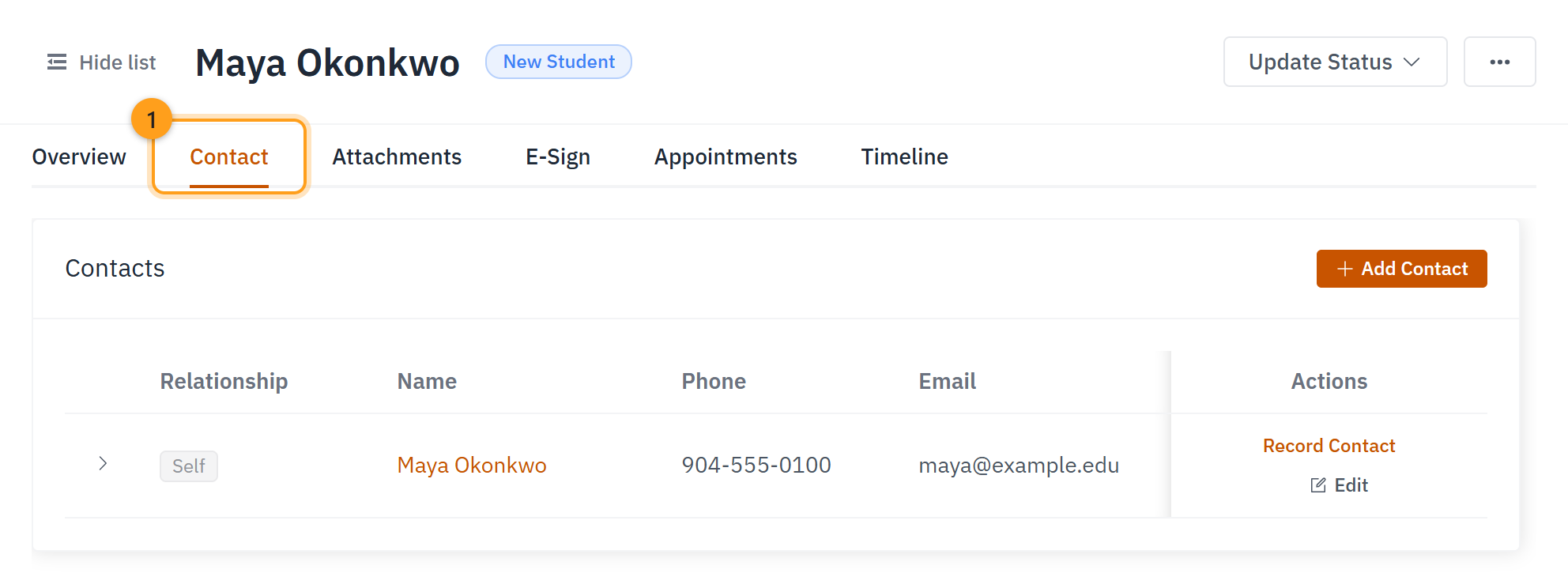 The Contact tab (1), listing everyone you can reach out to about this case
