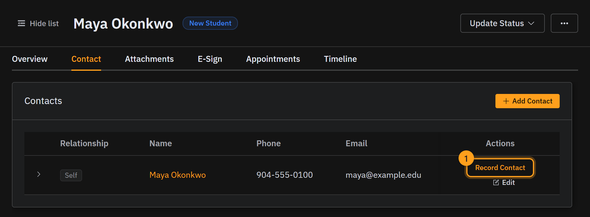 The contacts list with the Record Contact button on a person's row (1)