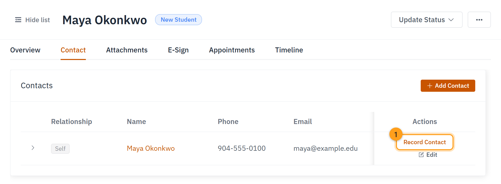 The contacts list with the Record Contact button on a person's row (1)