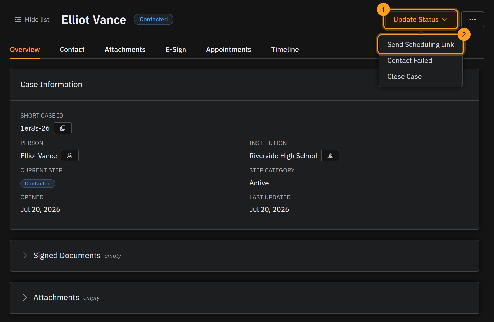 The Update Status menu (1), open to show Send Scheduling Link (2)