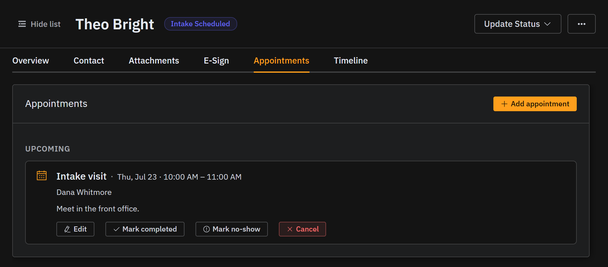 The Appointments tab, showing the booked intake visit under Upcoming