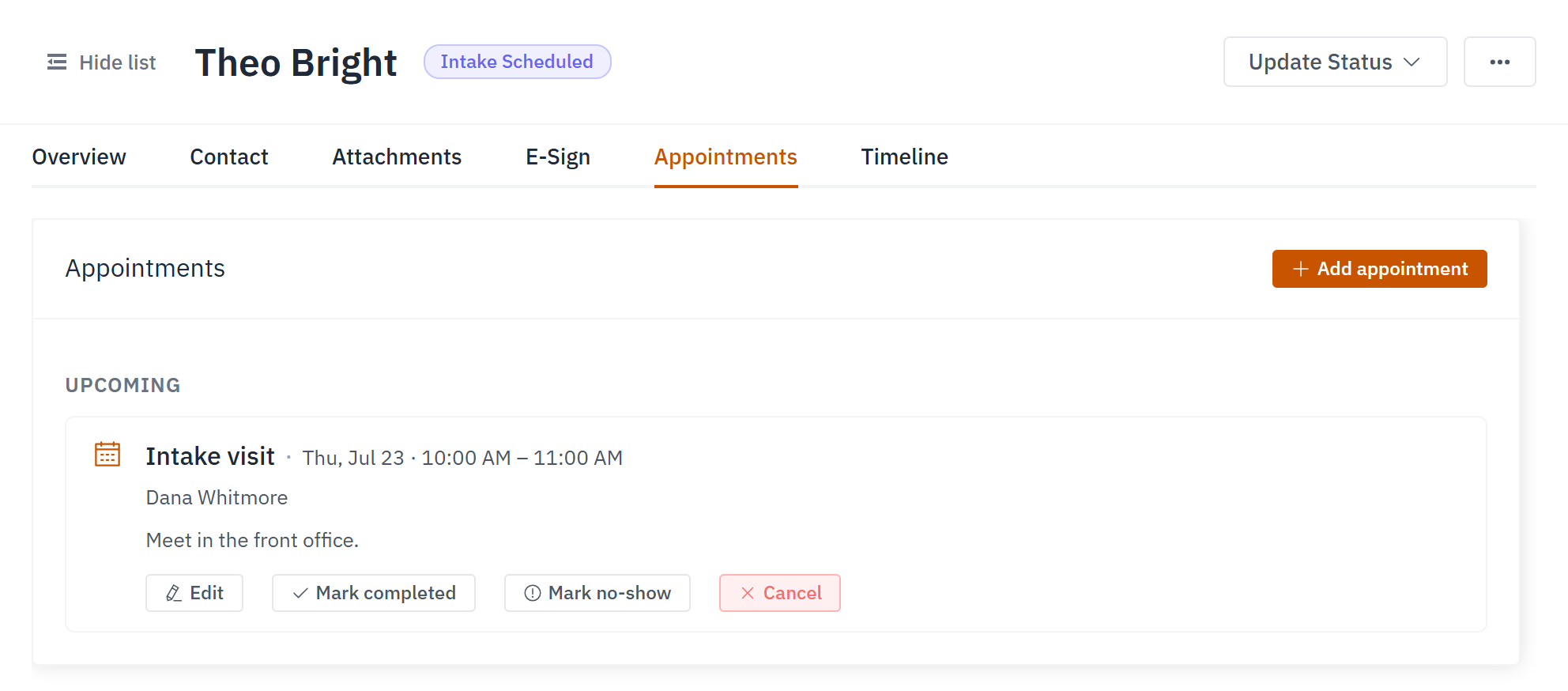 The Appointments tab, showing the booked intake visit under Upcoming
