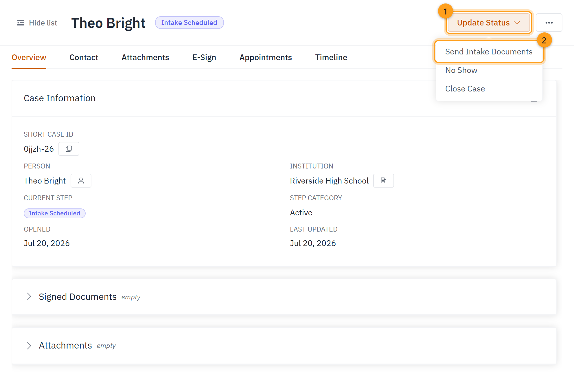 The Update Status menu (1), open to show Send Intake Documents (2)