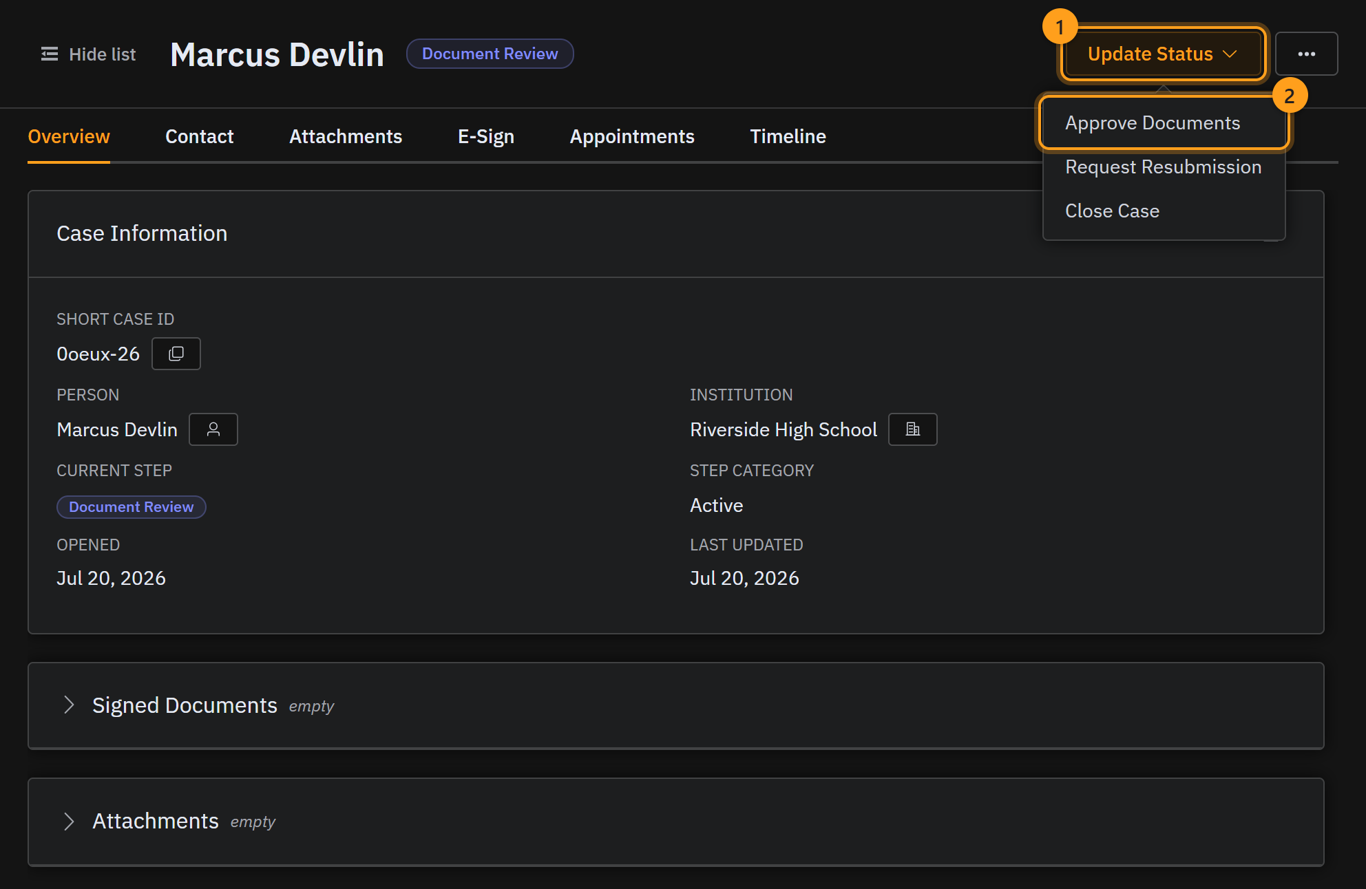 The Update Status menu (1), open to show Approve Documents (2)