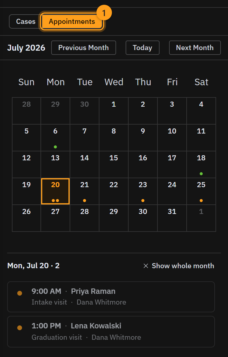 The Appointments view (1): a month calendar with a dot for each booked visit, and the selected day's visits listed underneath