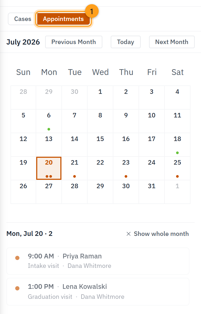 The Appointments view (1): a month calendar with a dot for each booked visit, and the selected day's visits listed underneath