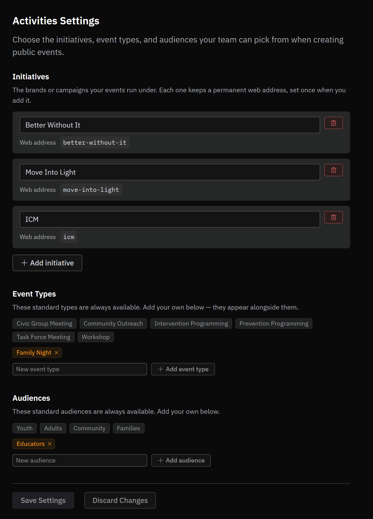 Activities Settings with three saved initiatives, each showing its fixed web address, and the Event Types and Audiences lists below