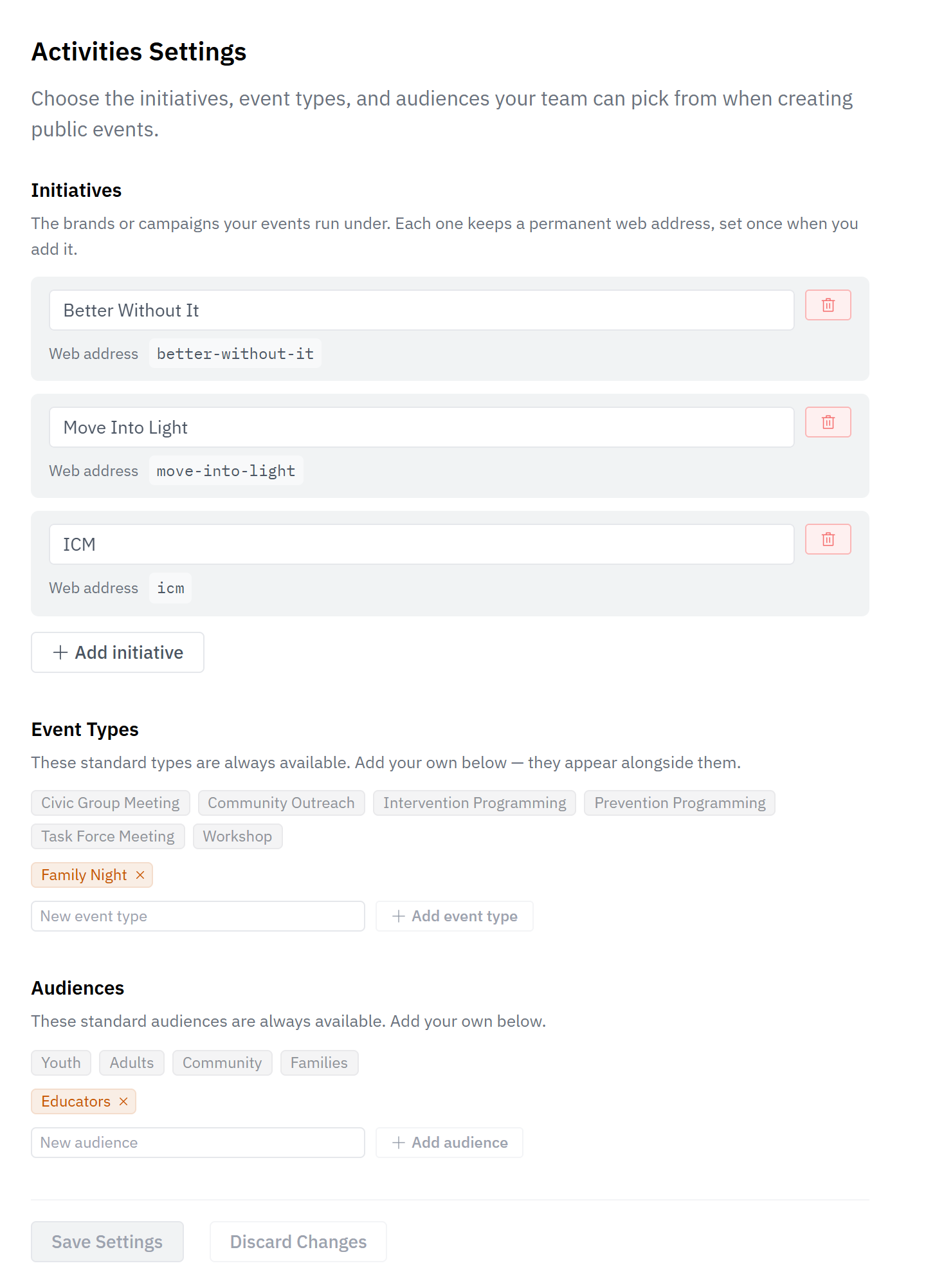 Activities Settings with three saved initiatives, each showing its fixed web address, and the Event Types and Audiences lists below