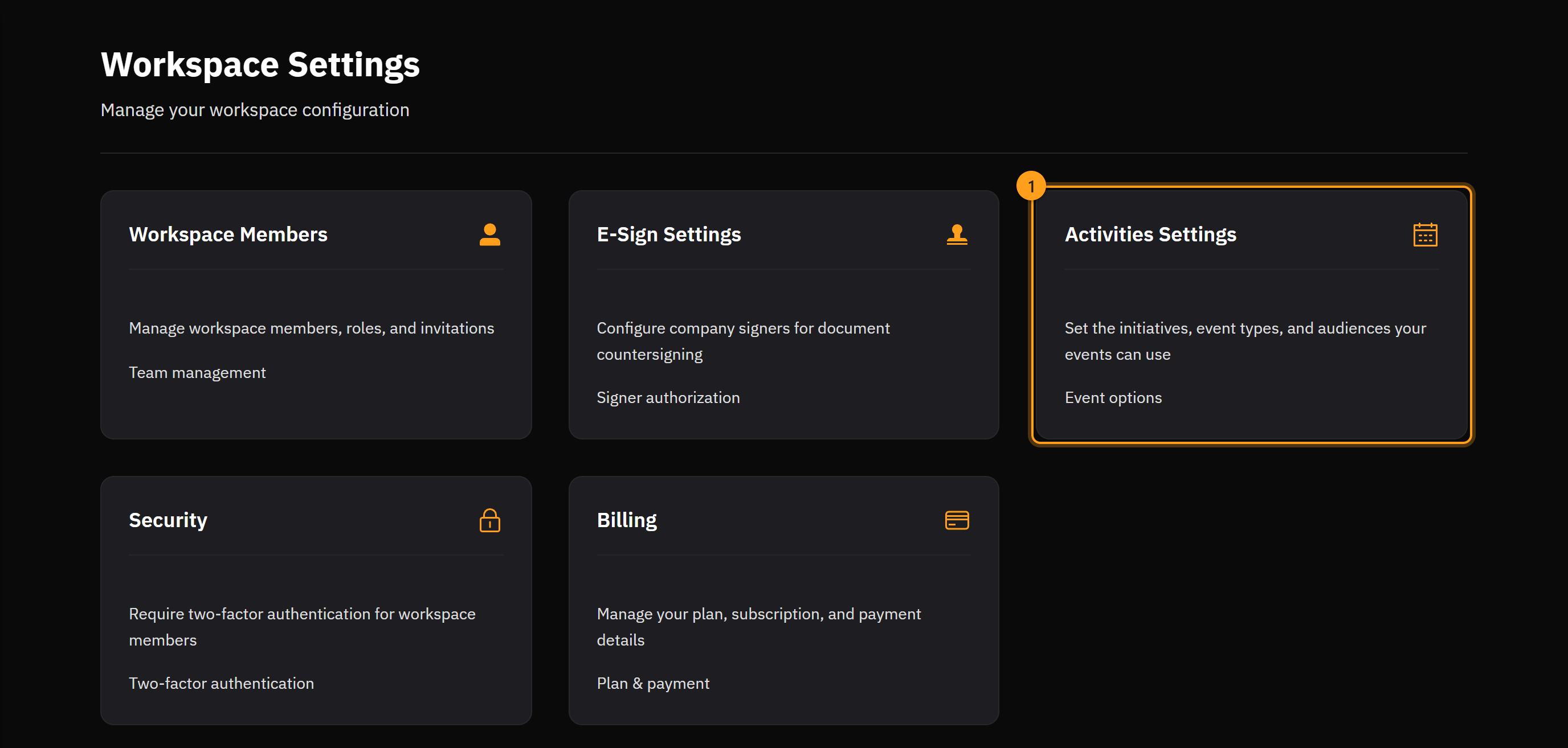 The Workspace Settings page, with the Activities Settings card in the top row