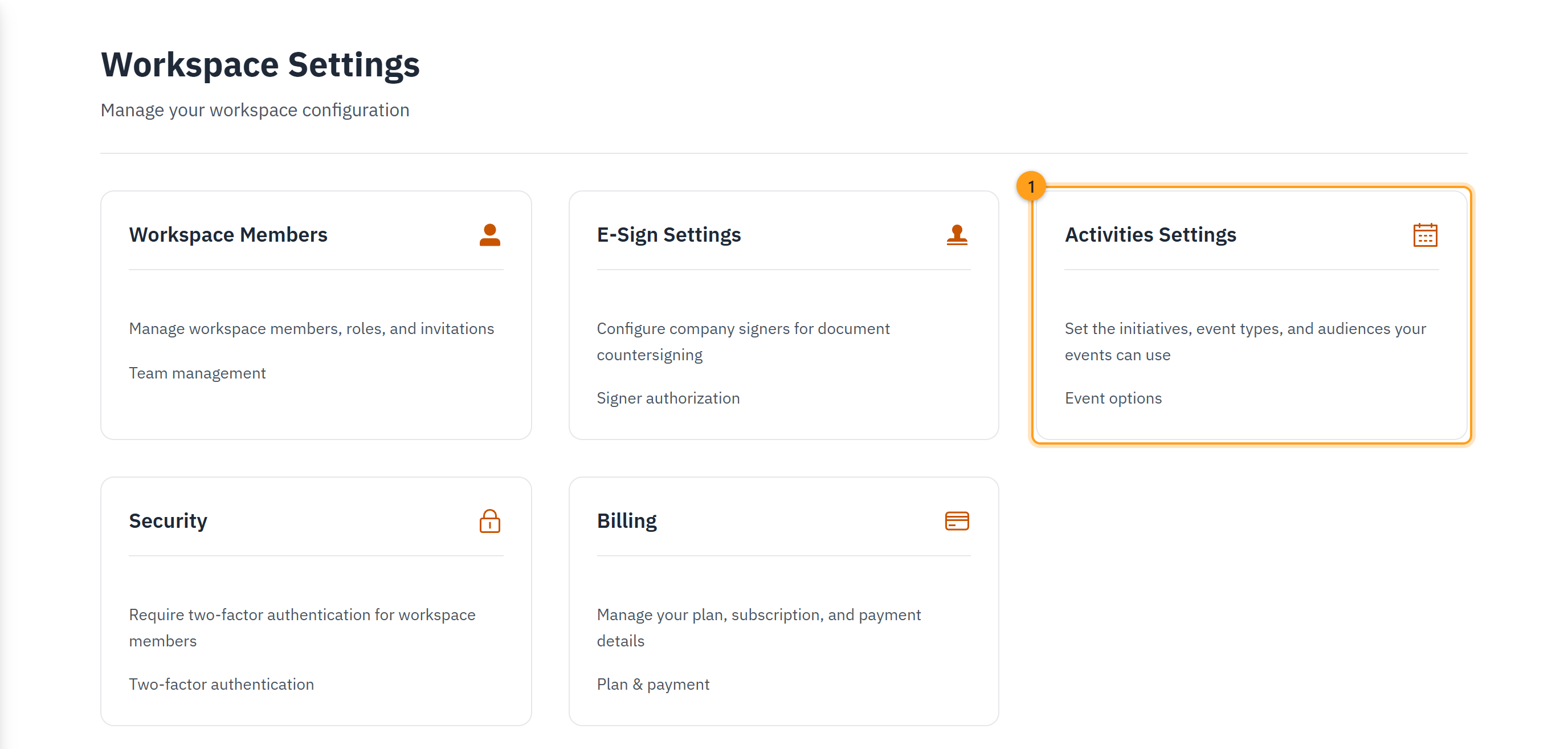 The Workspace Settings page, with the Activities Settings card in the top row